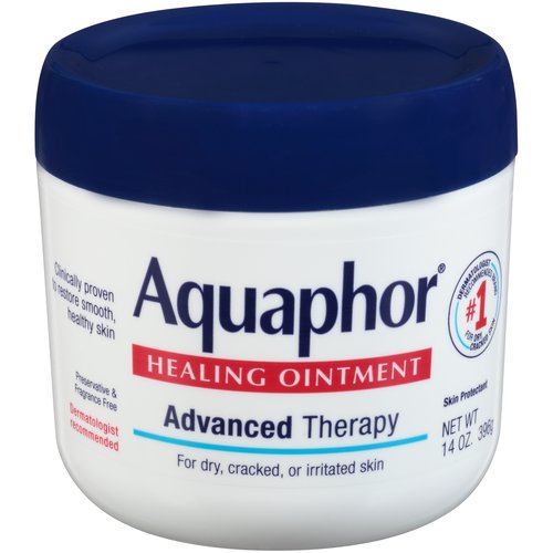Aquaphor Advanced Therapy Healing Ointment, 14 oz
Uses
• temporarily protects and helps relieve chapped or cracked skin and lips
• temporarily protects minor:
 • cuts
 • scrapes
 • burns
• helps protect from the drying effects of wind and cold weather

Drug Facts
Active ingredient - Purpose
Petrolatum (41%) - Skin protectant (ointment)