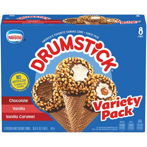 0g Trans fat. Variety pack: Chocolate; vanilla; vanilla caramel. 8 Ice cream cones.