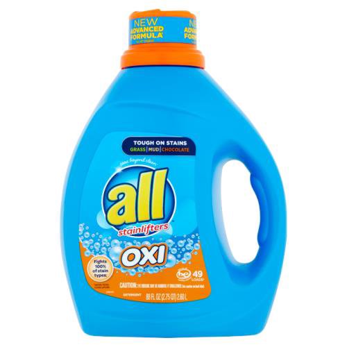 All Oxi Detergent with Stainlifters, 49 loads, 88 fl oz
New advanced formula*
*vs. all® original

Fights 100% of stain types.*
*bleachable, oily/waxy, enzymatic, particulate.

49 loads♦
♦Contains 49 regular loads as measured to between lines 1 and 2.