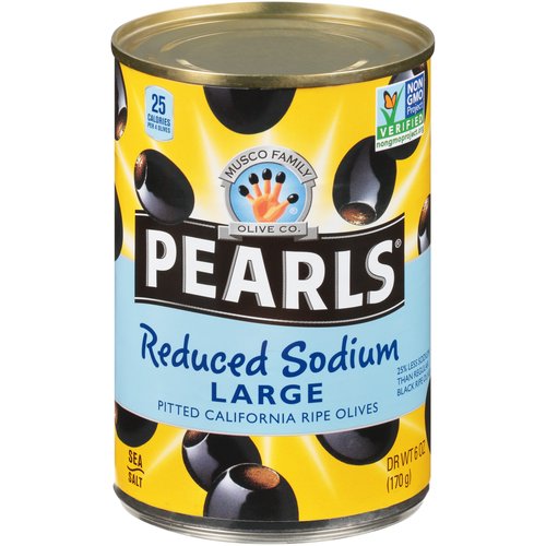 Musco Family Olive Co. Pearls Reduced Sodium Large Pitted Ripe Olives, 6 oz
100% grown and packed in Sunny California
Picked at the peak of freshness