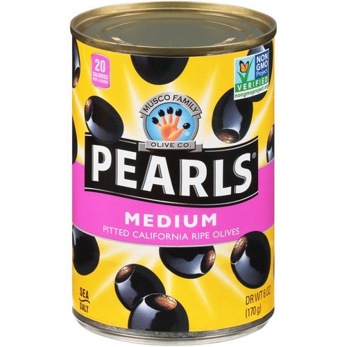 Musco Family Olive Co. Pearls Medium Pitted California Ripe Olives, 6 oz
Fun at your fingertips!™
Eating smart is easy. Our Pearls taste great, are naturally cholesterol-free, and contain fewer calories and less fat* than potato chips. So, eat well and have fun!
Olives
Fewer calories*: ✓
Less total fat*: ✓
No saturated fat*: ✓
Fit on your fingers: ✓
*Olives: 20 calories and 1.5g fat per serving. Potato Chips: 155 calories and 10.6g fat per serving. Olives are a saturated fat free food.