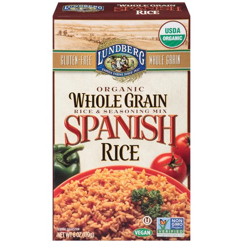Lundberg Family Farms OG WHOLE GRAIN SPANISH RICE, 6 oz
A savory balance of rice and spices! Our recipe starts with organic whole grain brown rice, which is brightened by a rich blend of tomato, onion, garlic, and bell peppers.
Brown Rice & Seasoning Mix
Lundberg Organic Whole Grain Rice Pilafs are specially crafted to be delicious side dishes or easily dressed up with your favorite ingredients. Our Whole Grain Spanish Rice Pilaf pairs perfectly with tacos, tostadas, or fajitas. For Barcelona-style rice, try adding cooked chicken thighs, shrimp, and clams. Or keep it simple- just stir, simmer, and serve!