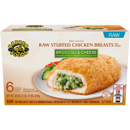 Barber Foods Broccoli & Cheese Breaded Raw Stuffed Chicken Breasts with Rib Meat, 6 count, 30 oz
For a delicious entree that is easy to prepare, Barber Foods Breaded Raw Stuffed Chicken Breasts Broccoli and Cheese are perfect for any night of the week. We start with a creamy blend of Swiss and American cheeses, add broccoli florets, wrap it all in savory, boneless chicken and add crispy golden brown breading. With 19 grams of protein per serving, these frozen stuffed chicken breasts with rib meat are easy to prepare in the oven. For a tasty meal the whole family will enjoy, prepare and serve with a side of roasted vegetables. Includes one 30 oz package of 6 individually wrapped breaded raw stuffed chicken breasts broccoli and cheese. With unmatched flavor and quality, Barber Foods provides the best of everything, and that's been our pledge since we started our business in 1955. Bring Barber Foods stuffed chicken to the table tonight and you'll find it's an instant family favorite that's perfect for every night of the week.