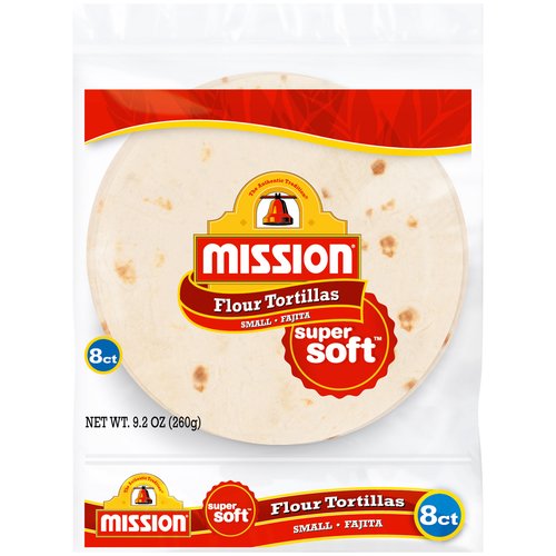 Mission Fajita Flour Tortillas, 8 count, 9.2 oz
Super soft™

Enjoy the freshly baked taste of Mission® Tortillas. Soft and delicious, our tortillas are great for all kinds of meals and snacks, from fajitas to wraps! What do you want in your Mission® Tortilla?