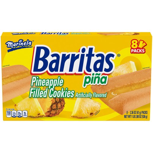 Marinela Barritas Pineapple Filled Cookies, 2.36 oz, 8 count
Are you in the mood for something delicious? Barritas will satisfy your craving. Enjoy the delectable taste of a soft cookie filled with artificially flavored pineapple filling for a taste you won't forget. No need to go to the bakery; Barritas are wrapped for a fresh-baked taste, every time. They are a great snack for kids to enjoy with a glass of ice-cold milk while sharing with friends, or as a special treat after their soccer game. Adults love Barritas with their afternoon coffee or as an indulgent little dessert. Marinela stands for fun! Our products include favorites like crème-filled chocolate cupcakes, butter cookies, and unique varieties like orange and raisin cakes to satisfy your sweet tooth. Take one bite of any of our cookies, snack cakes, or pies, and you'll get a taste of how cool it is to go back to your childhood again! Marinela Is in Me. Marinela Is in You.