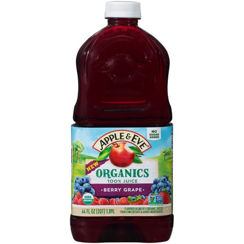 APL/EVE ORG BERRY GRP, 64 fl oz
Berry Grape Flavored Blend of 5 Organic Juices from Concentrate & Added Ingredients

No Sugar Added*
*Not a Low Calorie Food