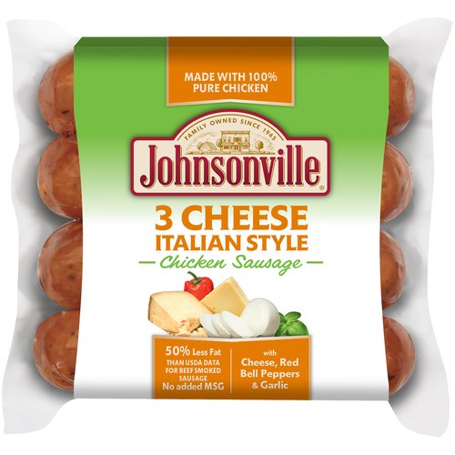 Johnsonville 3 Cheese Italian Style Chicken Sausage, 4 count, 12 oz
If you're prepared to change up your meals, all while maintaining the great Johnsonville flavor you've come to know and love, dive into these Three Cheese Italian Style Chicken Sausages! Made with 100% pure chicken and with 50% less fat and no MSG, these sausage links are ideal in creamy entrees, skillet recipes, on kabobs, in meaty sandwiches, and more! No matter where you add them, the whole family is sure to enjoy.

Family-owned since 1945, Johnsonville began when Ralph F. and Alice Stayer opened a small butcher shop in Johnsonville, Wisconsin. Their philosophy was simple; take premium cuts of meat with quality spices to make great-tasting sausages. Today, Johnsonville is made with the same philosophy still in Johnsonville, Wisconsin.
