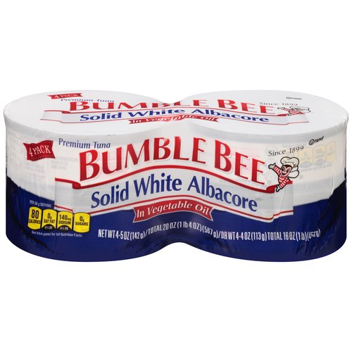 Bumble Bee Solid White Albacore Tuna in Vegetable Oil, 5 oz, 4 count
Go wild for albacore.
Sure there are lots of fish in the sea, but there's only one Bumble Bee. Wild caught. Amazing albacore. This albacore tuna is firm, flavorful, and packed with protein. Dive in. Perfect in a salad, on a sandwich, or with pasta.