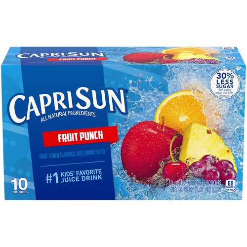 Capri Sun Fruit Punch Flavored Juice Drink Blend, 6 fl oz, 10 count
30% Less Sugar than leading regular juice drinks*
*This Product 13g Total Sugars; Leading Regular Juice Drinks 20g Total Sugars per 6 Fl Oz Serving

All About Awesome!
Capri Sun® is awesomeness in a pouch. It has all of the deliciousness without any of the bad stuff. It's Made with All-Natural Ingredients—that means no artificial colors, flavors, preservatives or high fructose corn syrup. That's what makes Capri Sun as epic as the kids who drink it!
