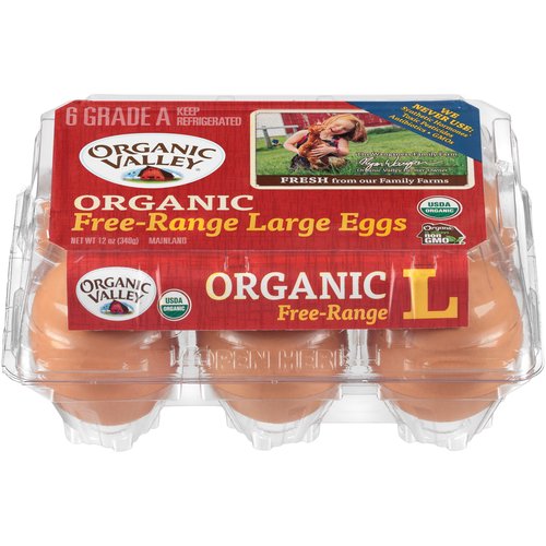 Organic Valley Large Brown Free Range Eggs, 6 count, 12 oz
Organic Valley Large Brown Free Range Organic Eggs are sourced from hens with access to organic pastures, which results in deep yellow yolks you only get when you raise your chickens the right way. Certified USDA Organic, these great-tasting Grade A large brown eggs are produced without antibiotics or synthetic hormones, with a farm fresh taste you can feel good about enjoying. Offering 6 grams of organic protein each, these cage free organic eggs give your family a nutritious boost. Enjoy these organic brown eggs in a satisfying breakfast, hard boil some for a tasty lunch or incorporate them into your favorite recipes. A sturdy carton holds six organic eggs and is just the right size for easy storage in your fridge.