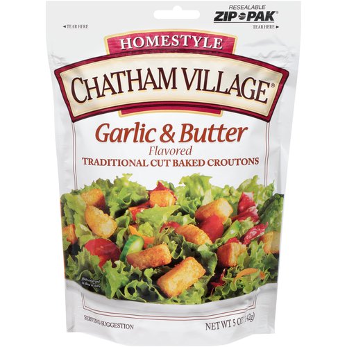 Chatham Village Homestyle Garlic & Butter Flavored Traditional Cut Baked Croutons, 5 oz