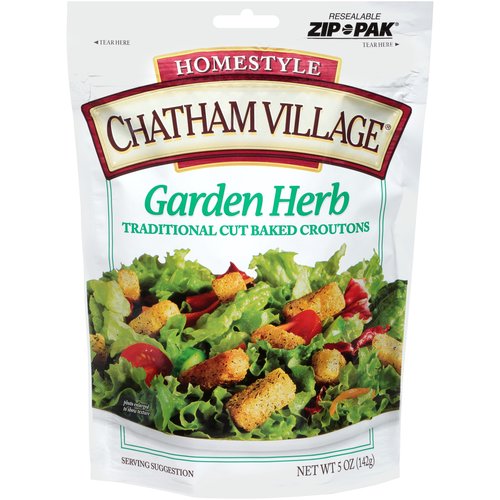 Chatham Village Homestyle Garden Herb Traditional Cut Baked Croutons, 5 oz
Chatham Village® Croutons originated in a tiny sandwich shop nestled in the town of Chatham, Massachusetts on the elbow of Cape Cod. It was there that a great tradition of baking the freshest breads, rolls and unique homemade croutons was born.

Today the tradition still lives as we continue to use our signature, twice- baked process to create the freshest tasting, most deliciously crunchy croutons.

First, we bake our made-from-scratch French bread dough. After the rich, crusty leaves cool, we cut them to size, season them with our special seasoning blend, and then bake them to perfection to seal in that exceptional Chatham Village flavor.

Enjoy Chatham Village croutons on salads, in soups or as a perfect snack. Try our Traditional Cut or any of our Large Cut varieties for the ultimate in crunchiness.

Chatham Village Croutons are made with quality ingredients for the finest eating experience.