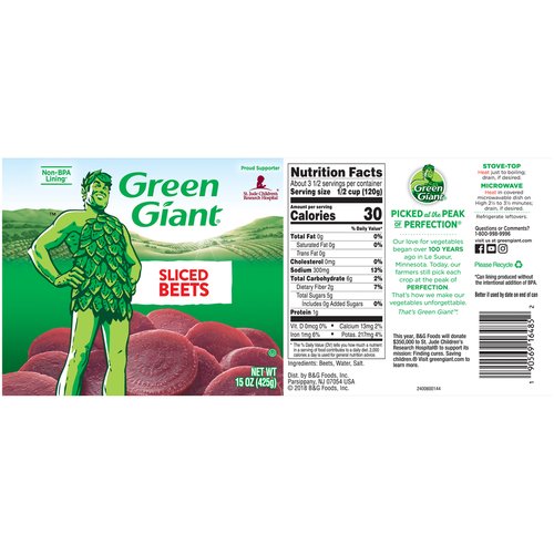 Green Giant Sliced Beets, 15 oz
Non-BPA lining*
*Can lining produced without the intentional addition of BPA.