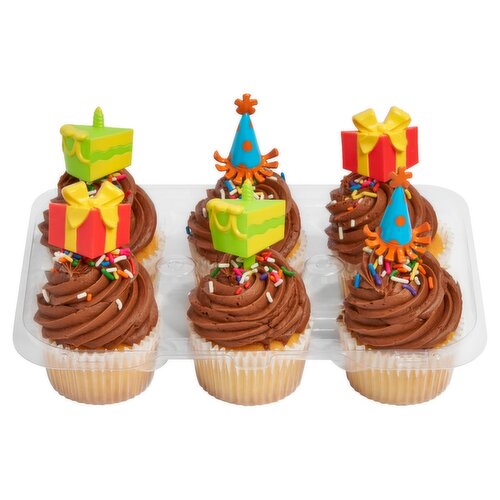 6 Pack Yellow Cupcakes W/ Chocolate Icing & Picks
