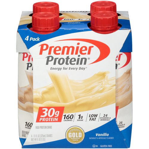 Premier Protein Vanilla High Protein Shake, 11 fl oz, 4 count
With nutrients for Immune Health supportˆ
ˆAntioxidants Vitamins C & E. Enjoy as Part of a Healthy Diet & Lifestyle.

Maintaining a healthy lifestyle can be hard. Premier Protein is here to make things a little easier. Our delicious protein shakes are perfect whether you are on the go, are looking for an afternoon pick-me-up, or are searching for a post-workout recovery solution.

American Masters of Taste - Gold - Superior Taste
Premier Protein® shakes were judged superior in a national triple-blind taste test conducted by an American Masters of Taste Chef Panel.