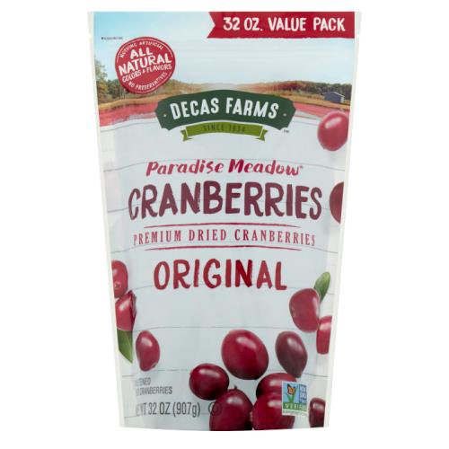 Decas Farms Original Premium Sweetened Dried Cranberries Value Pack, 32 oz
America's Original Superfruit®

Take the Original Dried Cranberries you're holding now. Tender, juicy, and naturally delicious, these sweet superfruits are as good as it gets. No artificial flavors, colors, or ingredients. 100% all natural, non-GMO certified goodness. Go ahead, sample the fruits of our labor. They've only been 80+ years in the making.
