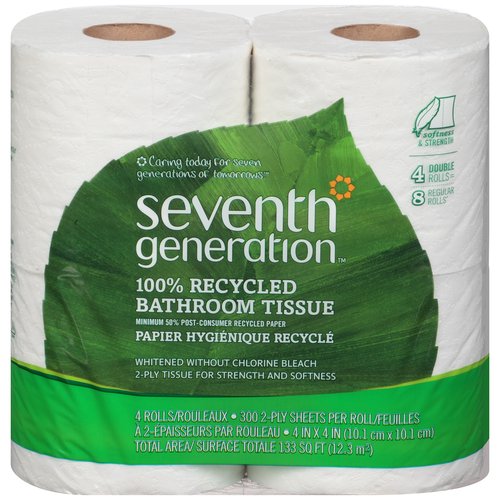 Seventh Generation Extra Soft & Strong Bath Tissue, 4 count
4 Double Rolls = 8 Regular Rolls*
* Compared to the total square footage of a regular roll 77 ct 3.92 In x 4 In sheet.