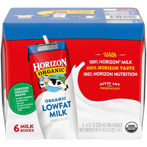Horizon Organic Lowfat Milk, 8 fl oz, 6 count
Take the organic goodness of Horizon milk on-the-go with Horizon Organic UHT 1% lowfat Plain Milk Boxes. Great as a lunchbox stuffer or snack, these single-serve milk boxes offer a wholesome alternative to juice boxes. Each milk box provides many nutrients, including vitamin A, vitamin D, and 8 grams of protein. And thanks to their special packaging, these shelf-stable milk boxes lock in delicious taste without refrigeration.
More than 20 years ago, we became the first company to supply organic milk nationwide—and we've remained committed to the organic movement ever since. Our USDA Certified Organic products are made with non-GMO ingredients, from cows that are given no antibiotics, no persistent pesticides, and no added hormones.* We strive to do good by our cows, too: they spend much of their time out in the pasture where they feel most at home, and graze on a diet that includes organic grass. It's all part of our commitment to making better choices for ourselves, our cows, and our planet. *No significant difference has been shown between milk from rbST-treated & non rbST-treated cows.