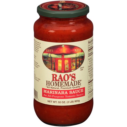 Rao's Homemade Marinara Sauce, 32 oz
Bring home the famous taste of Rao's Homemade Marinara Sauce. Rao's Homemade Sauce is a premium, carb conscious marinara sauce made with only the finest ingredients. Delicious speaks for itself when enjoying this marinara sauce. Each batch of Rao's Homemade Marinara Sauce is slow-cooked in small batches with high quality ingredients. These wholesome ingredients blend sweet Italian tomatoes, olive oil, and onions with fresh basil, fresh garlic, oregano, black pepper and salt creating a pasta sauce that brings back memories of family dinners around the table. The Rao's Marinara Sauce recipe stays true to its classic Italian roots making it the perfect carb conscious marinara sauce that is Keto-friendly. Rao's Homemade Marinara has no added sugar* making it a great spaghetti sauce you'll want in your pantry. This premium pasta sauce tastes delicious, and is made with the finest ingredients, without any tomato blends, tomato paste, water, starches, added colors, or sugar. Rao's Homemade, originally born in New York, now brings authentic Italian flavor into your home. Rao's Marinara Sauce is a versatile carb conscious marinara sauce that offers truly traditional homemade Italian flavor, easily available anytime to pair with your preferred pasta, to use as an ingredient in your favorite recipe, or to accompany your favorite meatballs. *Not a low or reduced calorie food, see nutrition panel for further information on Sugar and Calorie content
