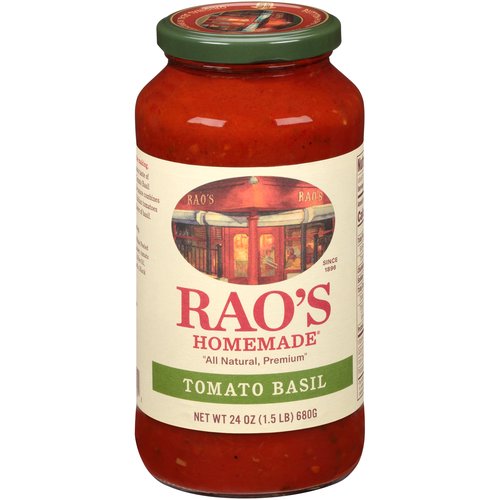 Rao's Tomato Basil Sauce, 24 oz
Bring home the famous taste of Rao's Homemade Tomato Basil Pasta Sauce. Rao's Homemade Sauce is a premium, carb conscious pasta sauce made with only the finest ingredients. Delicious speaks for itself when enjoying this tomato sauce. Rao's has combined what you love about their famous marinara sauce with fresh basil to create a pasta sauce that is packed with flavor and versatility. Each batch of Rao's Homemade Tomato Basil Pasta Sauce is slow-cooked in small batches with high quality ingredients. These wholesome ingredients blend Italian tomatoes, olive oil, and onions with fresh basil, fresh garlic, oregano, black pepper and salt creating a pasta sauce that brings back memories of family dinners around the table. Rao's Tomato Basil Pasta Sauce recipe stays true to its classic Italian roots making it the perfect carb conscious pasta sauce. Rao's Homemade Tomato Basil sauce has no added sugar* making it a keto friendly pasta sauce you'll want in your pantry. This premium pasta sauce tastes delicious, and is made with the finest ingredients, without any tomato blends, tomato paste, water, starches, added colors, or sugar. Rao's Homemade, originally born in New York, now brings authentic Italian flavor into your home. Rao's Tomato Basil pasta sauce is a versatile carb conscious pasta sauce that offers truly traditional homemade Italian flavor, easily available anytime to pair with your preferred pasta, to use as an ingredient in your favorite recipe, or to accompany your favorite meatballs. *Not a low or reduced calorie food, see nutrition panel for further information on Sugar and Calorie content