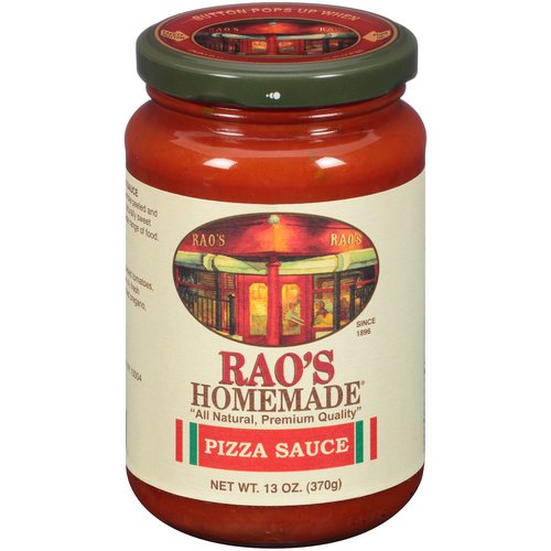 Regular Pizza Sauce, 13oz
Bring home the famous taste of Rao's Homemade Pizza Sauce. Rao's Homemade Sauce is a premium, carb conscious pizza sauce made with only the finest ingredients. Each batch of Rao's Homemade Pizza Sauce is slow-cooked in small batches with high quality ingredients. These wholesome ingredients blend sweet Italian tomatoes, olive oil, and onions with fresh basil, fresh garlic, oregano, black pepper and salt creating a pizza sauce that brings back memories of family dinners around the table. The Rao's Pizza Sauce recipe stays true to its classic Italian roots making it a great carb conscious pizza sauce that is Keto-friendly. Rao's Pizza Sauce has no added sugar* making it a keto friendly tomato sauce you'll want in your pantry. This premium pizza sauce tastes delicious, and is made with the finest ingredients, without any tomato blends, tomato paste, water, starches, added colors, or sugar. Rao's Homemade, originally born in New York, now brings authentic Italian cooking into your home. Rao's Pizza Sauce is a versatile carb conscious pizza sauce that offers truly traditional homemade Italian flavor, easily available anytime to bring to your next pizza party. *Not a low or reduced calorie food, see nutrition panel for further information on Sugar and Calorie content