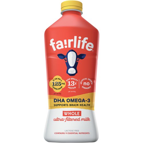 Our creamy and delicious fairlife® with DHA whole ultra-filtered milk has 13g of protein, 35% daily value of calcium, no added sugar, plus 125mg of DHA Omega-3. That’s more than the leading DHA Omega-3 milk, which has 32mg.