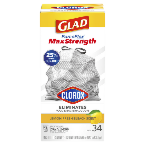 Glad ForceFlex Plus Tall Kitchen Bags, Drawstring, Lemon Fresh Bleach Scent - 34 bags