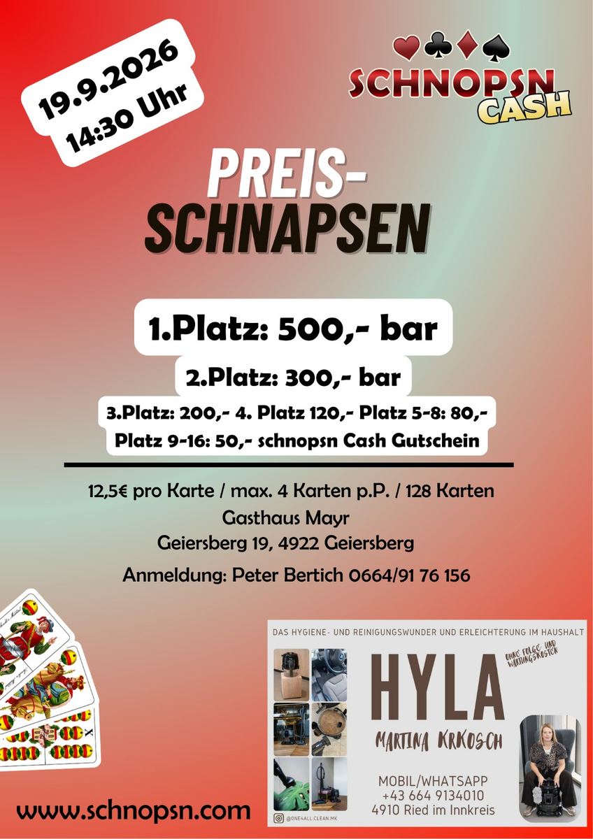 Flyer für Preisschnapsen – Preisschnapsen in Oberösterreich