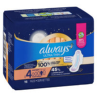 Always - Pads Overnight Ultra Thin with Wings, 16 Each