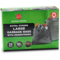 Western Family - Extra Strong Large Black Garbage with Drawstring Bags 74L, 24 Each