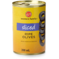 western Family - Black Ripe Olives, Sliced, 398 Millilitre