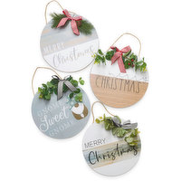 Farmhouse Christmas - Round Wood Cut Out with Bow, 4 Assorted 12 Inches, 1 Each