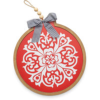 Wooden - Wall Ornament, Red & White with Checkered Bow, 16 Inch, 1 Each