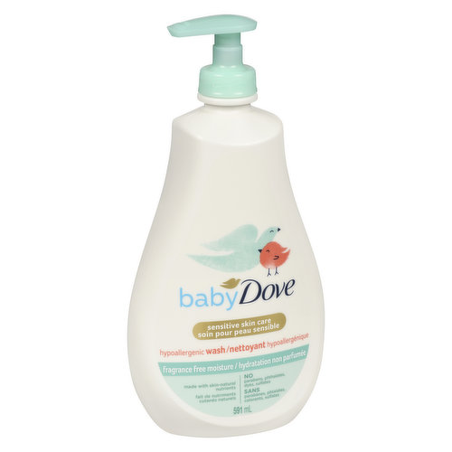 Sensitive Moisture tip to toe wash. This hypoallergenic, tear-free and fragrance free baby wash for sensitive skin gently cleanses to leave your babys skin feel soft and hydrated.