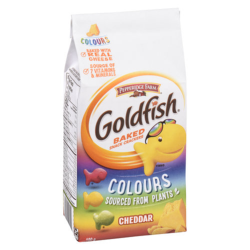 Baked with real cheese. Colors sourced from plants, extracts & concentrates to make your Goldfish Colors... well, colorful! Source of 7 vitamins & minerals.0 trans fat, no artificial flavours, colors ot preservatives.
