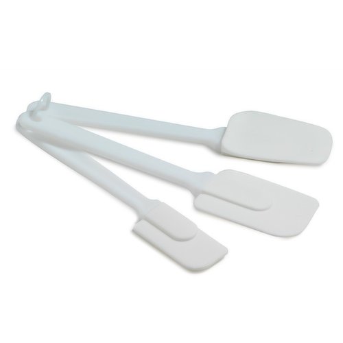 Includes 1 large scoop spatula, 1 large spatula, & 1 small spatula. Handles are made of a strong durable plastic. Heads are made of flexible silicone rubber. Hand washing recommended.