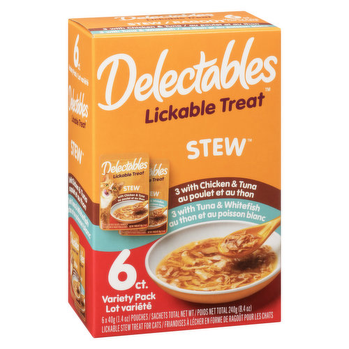 Stew Lickable Treats combine tender real fish and chicken, for a lickable taste your cat will crave. Contains 3X40g tuna with white fish, and 3X40g chicken with tuna.
