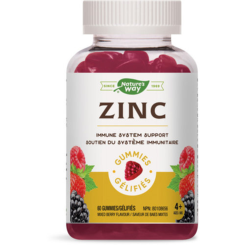 Weve made feeling your best every day simple and delicious with these mixed berry flavored gummies containing 11 mg of zinc per gummy. As always, Zinc Gummies are made with the quality, purity, and safety you trust from Natures Way