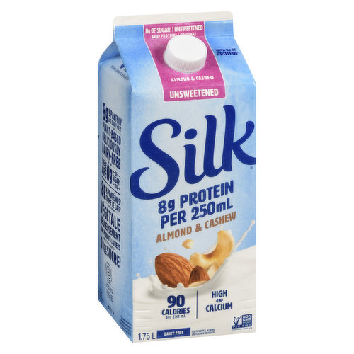 Start your day with Silk Protein Original Unsweetened containing 8g of plant-based protein, like dairy milk!*. A tasty blend of almonds, cashews and pea protein. With 0g of sugar per serving, this is the ultimate base for all your smoothies. Oh, and did we also say that you could drink it from the pint? (Your mother does say you should use a glass though.)Certain whole milk in Canada contains 8g of protein per serving