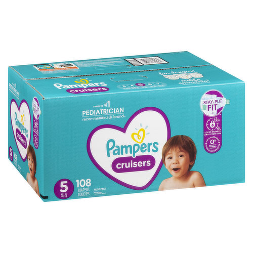 Size 5 (27+lb). 108 diapers. Up to 12 hour protection. Hypoallergenic.