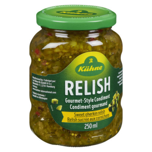 Sweet pickle gherkin relish with crunchy gherkin cubes and pieces of pepper. Complements meat dishes, sandwiches or hot dogs.