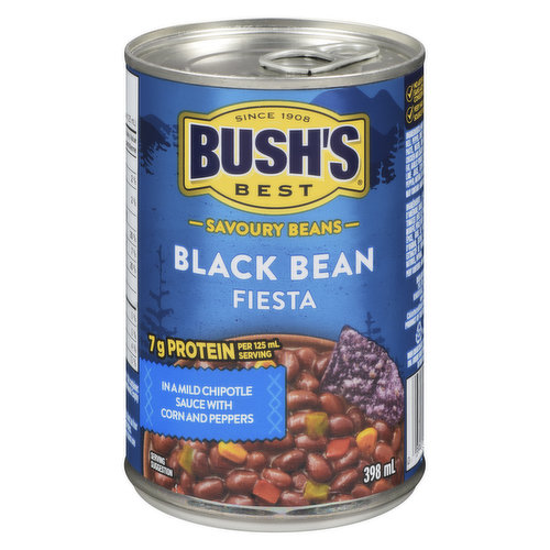 Black Bean Fiesta in a mild chipotle sauce with corn and peppers. Just a bit spicy, these beans bring a whole bunch of south-of-the-border flavor. Try them with chicken, tacos, or any of your favorite meals!