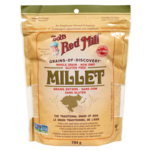 Has a mild, sweet flavour and quick cooking time. This is a unique alternative to rice in salads, ;ilafs and stir fries. Add uncookedmillet to bread for extra crunch.Gluten Free