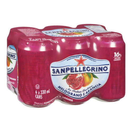 6 x 330 ml Cans. Deep orange in color with glints of burgundy-violet, Melograno e Arancia is a beverage made with the juices of oranges and pomegranate.
