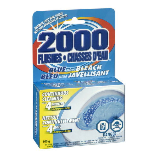 2000 Flushes Bleach now kills 99.9% of bacteria. With a new, concentrated formula, 2000 Flushes Bleach delivers continuous cleaning action for up to 4 months.