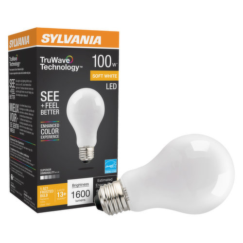 1 A21 frosted bulb. Replaces 100W uses 15W. Soft white LED. Brightness 1600 lumens. Energy star. TruWave Technology. See and feel better. Enhanced colour experience. Superior dimmability. Lasts 13+ years.