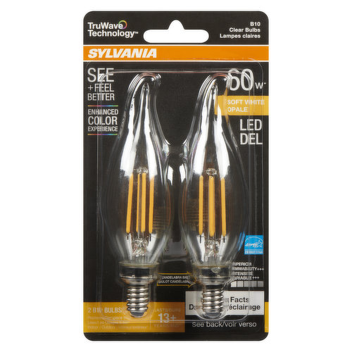 Sylvania - LED 60W B10 Soft White Dimmable Bulbs, Candelabra Base Clear