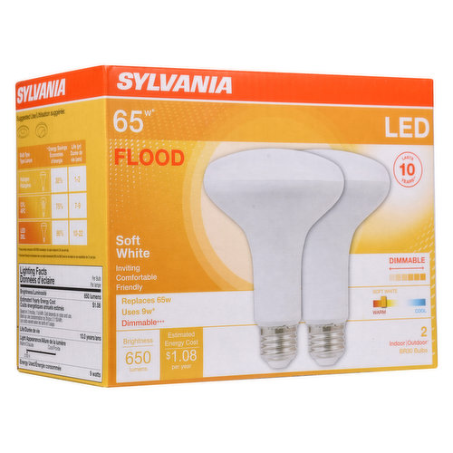 Pack of 2. LED 65W BR30 Soft White Dimmable. Inviting, comfortable, friendly. Replaces 65W, uses 9W. Estimated energy cost $1.08 per year. Brightness 650 lumens. Indoor/outdoor. Lasts 10 years.