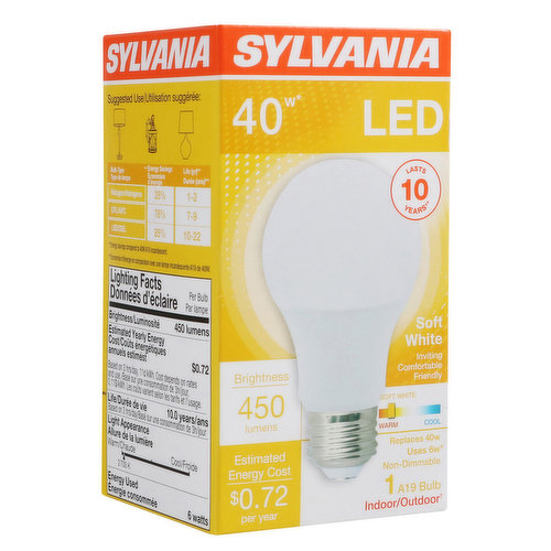 Sylvania - Bulb LED Warm A19 10Yr 6 Watt