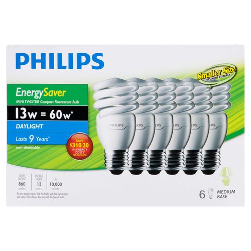 Medium base, EnergySaver mini twister compact fluorescent light bulbs. Daylight bulbs last 9 years. Compact size fits more fixtures. non-dimmable.